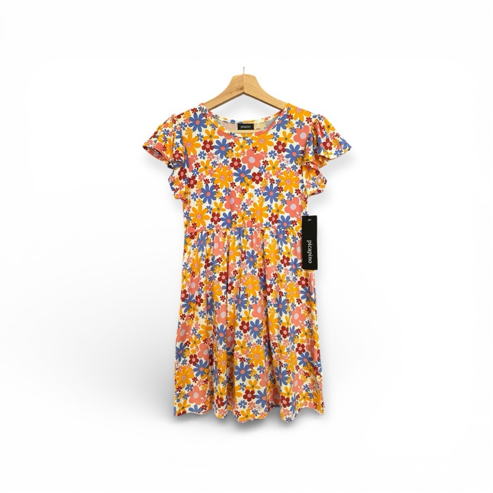 Picapino Chaps Floral Ruffle Sleeve Knit Dress - Yellow, Blue, Red Yellow Blue
